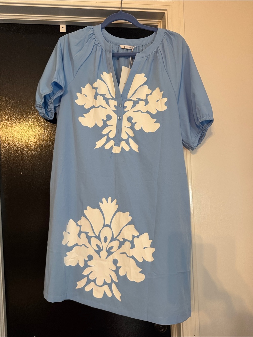 Light Blue Embroidered Shift Dress with White Motifs